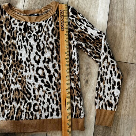 Express Women's XS Fitted Crewneck Sweater Leopard Print Soft Stretchy Tan Black - Picture 12 of 14